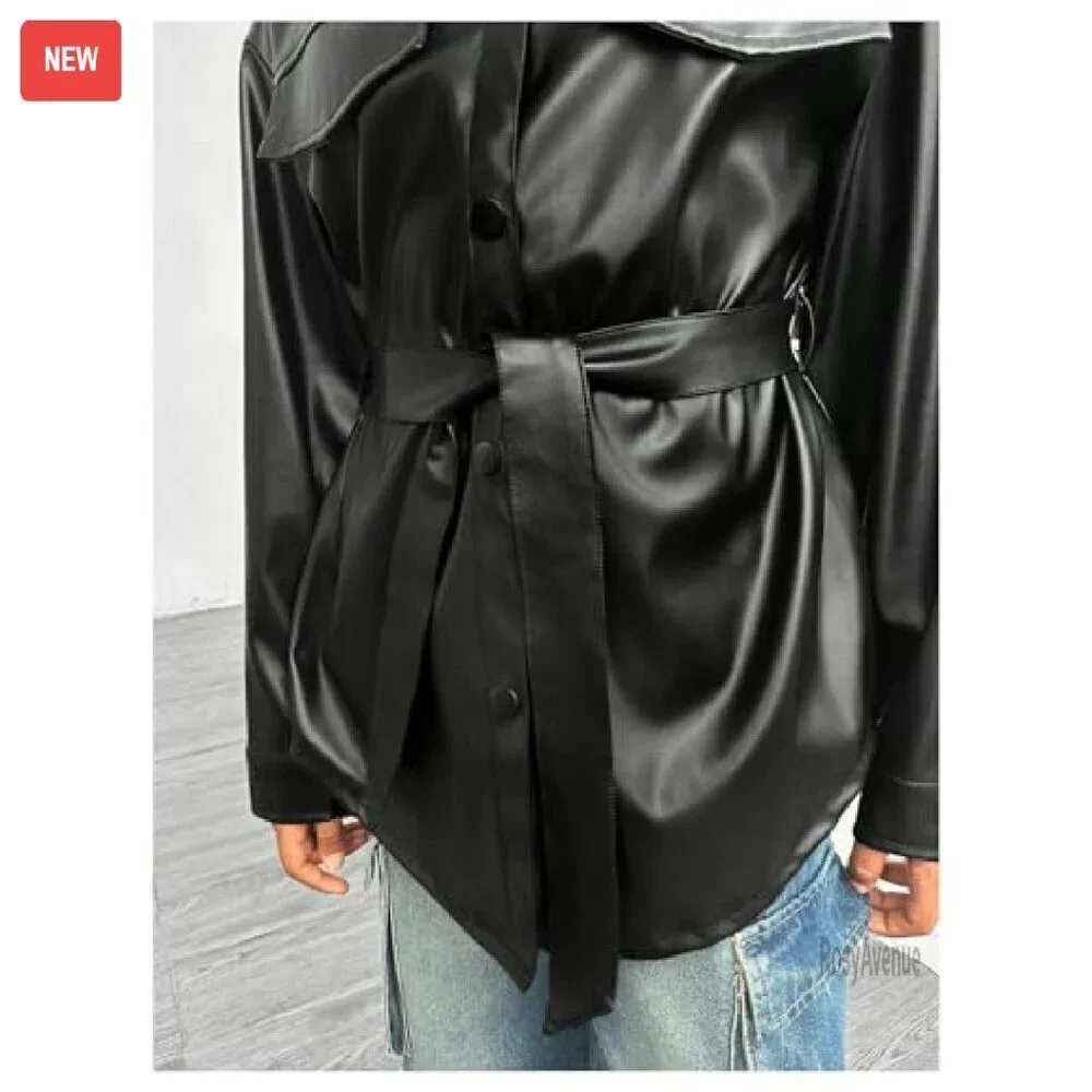 Girls Motorcycle Faux Leather Jacket Tie Belted Button Up Fall Coat